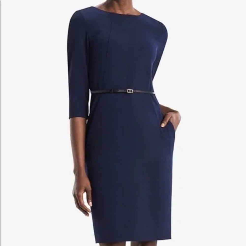 MM Lafleur Classic Navy 3/4  Long Sleeve Dress Pockets Business Classic Office